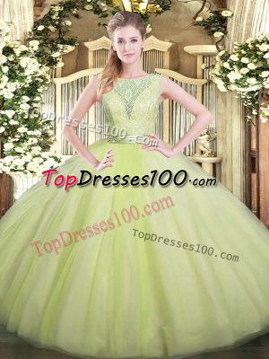 Floor Length Backless Vestidos de Quinceanera Yellow Green for Military Ball and Sweet 16 and Quinceanera with Lace