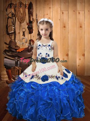Blue Straps Neckline Embroidery and Ruffles Kids Pageant Dress Sleeveless Lace Up