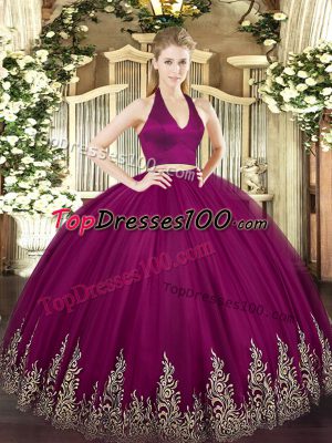 Elegant Halter Top Sleeveless Quinceanera Gowns Floor Length Appliques Fuchsia Tulle