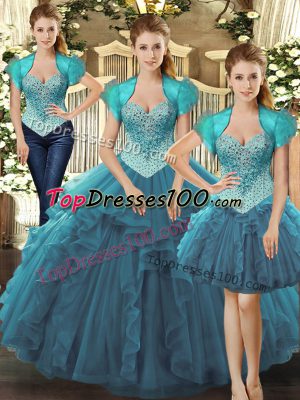 Nice Sleeveless Tulle Floor Length Lace Up Quinceanera Gowns in Teal with Beading and Ruffles