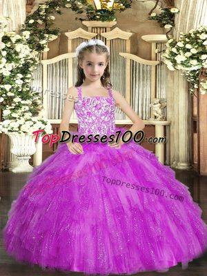 Nice Straps Sleeveless Organza Winning Pageant Gowns with Headpieces Beading and Ruffles Lace Up