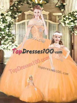 Off The Shoulder Sleeveless Quince Ball Gowns Floor Length Beading Orange Tulle