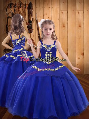 Excellent Royal Blue Lace Up Kids Pageant Dress Embroidery Sleeveless Floor Length