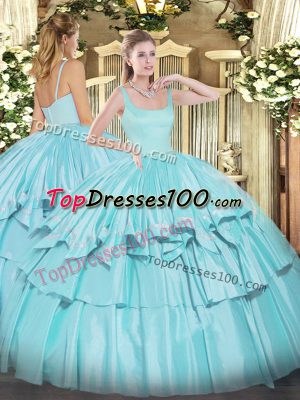 Clearance Aqua Blue Sleeveless Floor Length Beading and Ruffled Layers Zipper 15 Quinceanera Dress