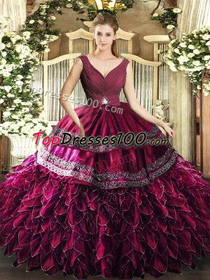 Burgundy Sweet 16 Quinceanera Dress Sweet 16 and Quinceanera with Beading and Ruffles V-neck Sleeveless Backless