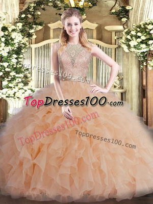 Floor Length Champagne Quinceanera Dress Tulle Sleeveless Beading and Ruffles