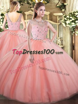 Peach Ball Gowns Tulle Bateau Sleeveless Beading Floor Length Zipper Quinceanera Gown