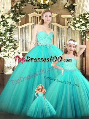 Best Selling Sleeveless Tulle Floor Length Zipper Sweet 16 Dresses in Turquoise with Beading and Lace