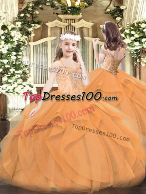 Floor Length Orange Party Dress Off The Shoulder Sleeveless Lace Up