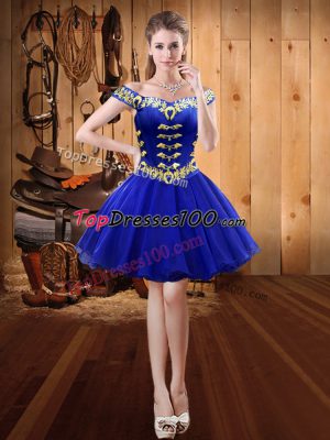 Royal Blue Off The Shoulder Neckline Embroidery Prom Dress Sleeveless Lace Up