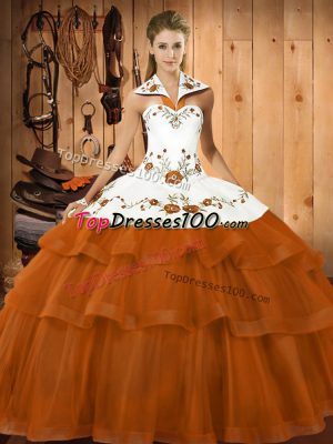 Chic Embroidery and Ruffled Layers Quinceanera Gowns Rust Red Lace Up Sleeveless Brush Train