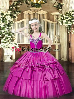 Fuchsia Ball Gowns Beading and Ruffled Layers Party Dress for Toddlers Lace Up Organza Sleeveless Floor Length