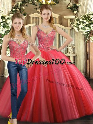 Straps Sleeveless Quinceanera Gowns Floor Length Beading Coral Red Tulle