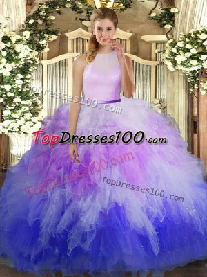 Custom Designed Multi-color Scoop Neckline Beading and Ruffles Vestidos de Quinceanera Sleeveless Backless