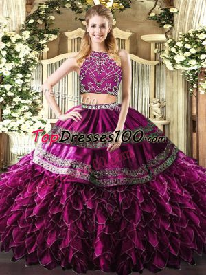 Fuchsia Sleeveless Beading and Ruffles Floor Length Quinceanera Gown