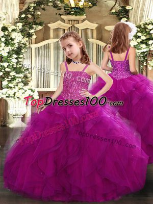 Lovely Fuchsia Ball Gowns Tulle Straps Sleeveless Beading and Ruffles Floor Length Lace Up Little Girls Pageant Dress Wholesale