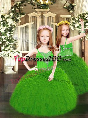Green Organza Lace Up Little Girls Pageant Dress Sleeveless Floor Length Beading and Ruffles