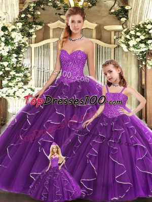Purple Organza Lace Up Sweetheart Sleeveless Floor Length Quinceanera Dresses Beading and Ruffles