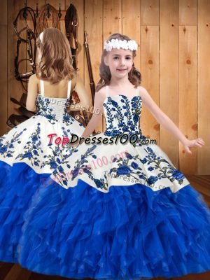 Floor Length Ball Gowns Sleeveless Blue And White Little Girls Pageant Gowns Lace Up