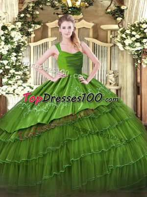 Latest Floor Length Zipper Quince Ball Gowns Olive Green for Military Ball and Sweet 16 and Quinceanera with Embroidery and Ruffled Layers