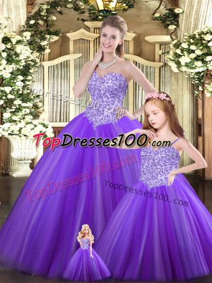 Beading Sweet 16 Quinceanera Dress Purple Lace Up Sleeveless Floor Length