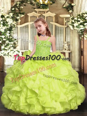 Inexpensive Floor Length Yellow Green Little Girl Pageant Gowns Straps Sleeveless Lace Up