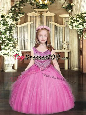 Perfect Sleeveless Lace Up Floor Length Beading and Ruffles Little Girls Pageant Gowns