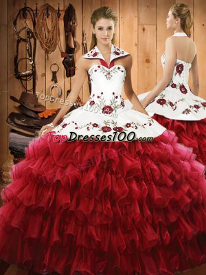 Satin and Organza Halter Top Sleeveless Lace Up Embroidery and Ruffled Layers Sweet 16 Dresses in Wine Red