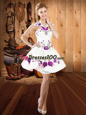 Custom Made Sleeveless Satin Mini Length Lace Up Prom Evening Gown in White with Embroidery