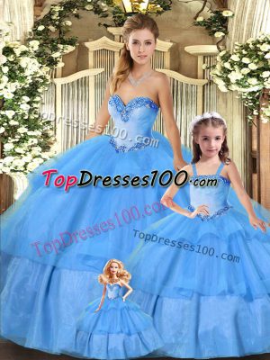 Beading and Ruffled Layers 15th Birthday Dress Baby Blue Lace Up Sleeveless Floor Length