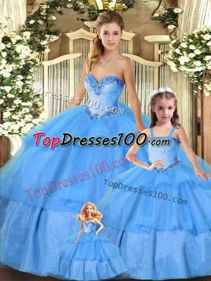 Beading and Ruffled Layers 15th Birthday Dress Baby Blue Lace Up Sleeveless Floor Length