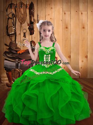 Best Embroidery and Ruffles Kids Pageant Dress Green Lace Up Sleeveless Floor Length