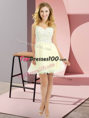 Stylish Light Yellow Empire Tulle V-neck Sleeveless Beading and Lace Mini Length Lace Up Wedding Guest Dresses