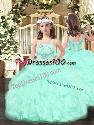 Apple Green Lace Up Straps Beading and Ruffles Little Girls Pageant Gowns Organza Sleeveless