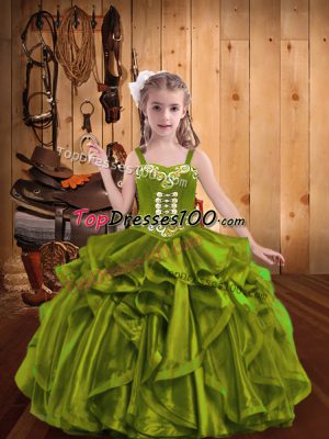 Olive Green Sleeveless Floor Length Embroidery and Ruffles Lace Up Little Girl Pageant Dress