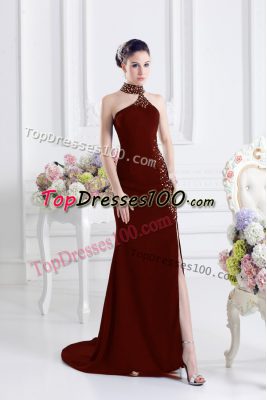 Extravagant Wine Red Sleeveless Sweep Train Beading Evening Dress