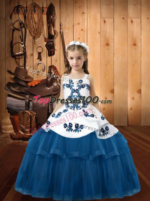 Charming Blue Ball Gowns Tulle Straps Sleeveless Embroidery Floor Length Lace Up Little Girl Pageant Dress