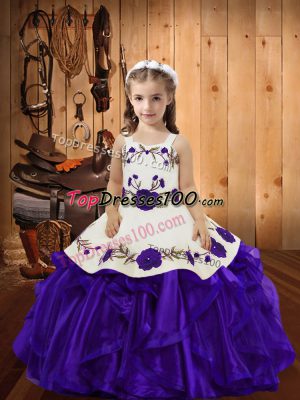 Purple Organza Lace Up Casual Dresses Sleeveless Floor Length Embroidery and Ruffles