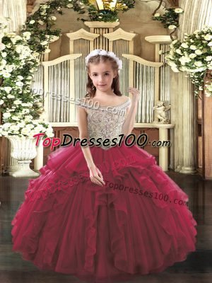 Customized Sleeveless Floor Length Beading and Ruffles Lace Up Pageant Gowns For Girls with Fuchsia