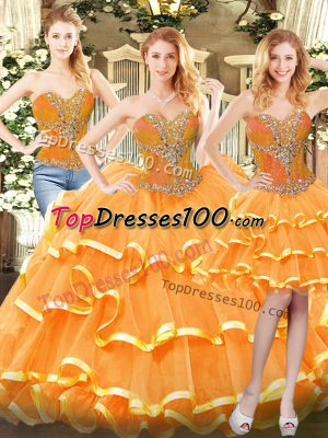 Custom Fit Orange Red Sweetheart Neckline Beading and Ruffled Layers 15 Quinceanera Dress Sleeveless Lace Up