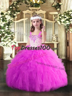 Customized Beading and Ruffles Custom Made Fuchsia Lace Up Sleeveless Floor Length