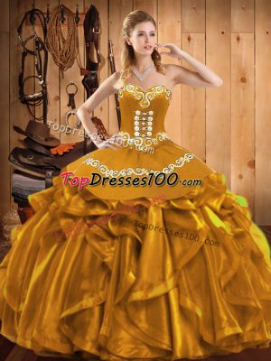 Organza Sweetheart Sleeveless Lace Up Embroidery and Ruffles Ball Gown Prom Dress in Gold