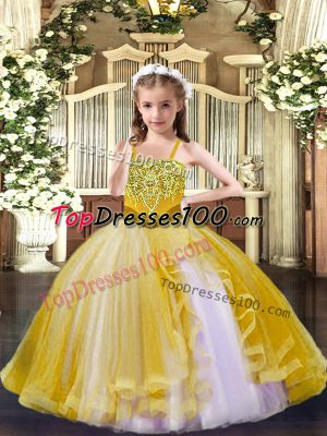 Floor Length Gold Kids Formal Wear Tulle Sleeveless Beading