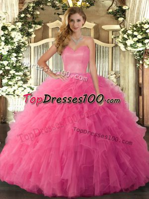 Modern Floor Length Lace Up Quince Ball Gowns Hot Pink for Military Ball and Sweet 16 and Quinceanera with Ruffles