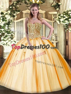 Beauteous Ball Gowns Sweet 16 Dresses Gold Sweetheart Tulle Sleeveless Floor Length Lace Up