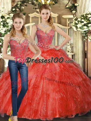Beautiful Floor Length Lace Up 15th Birthday Dress Red for Military Ball and Sweet 16 and Quinceanera with Beading and Ruffles
