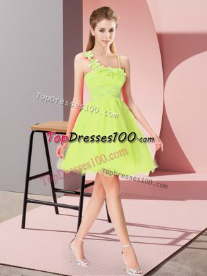 Amazing Organza Asymmetric Sleeveless Zipper Beading and Hand Made Flower Dress for Prom in Yellow Green