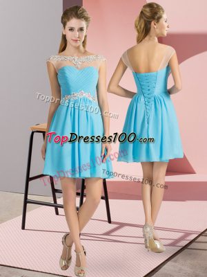 New Style Aqua Blue Empire Chiffon Scoop Cap Sleeves Beading Mini Length Lace Up Dress for Prom