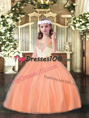 Orange Red Lace Up Little Girls Pageant Dress Beading Sleeveless Floor Length