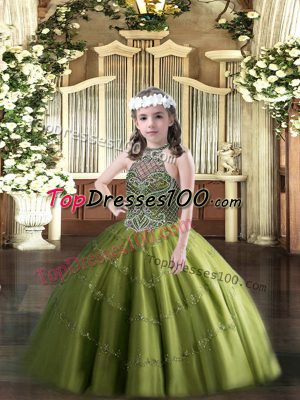 Discount Olive Green Tulle Lace Up Party Dress for Girls Sleeveless Floor Length Beading
